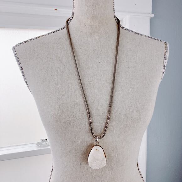 White Druzy Quartz Pendant Necklace on Thick Snake Chain, Boho Style - Picture 2 of 9